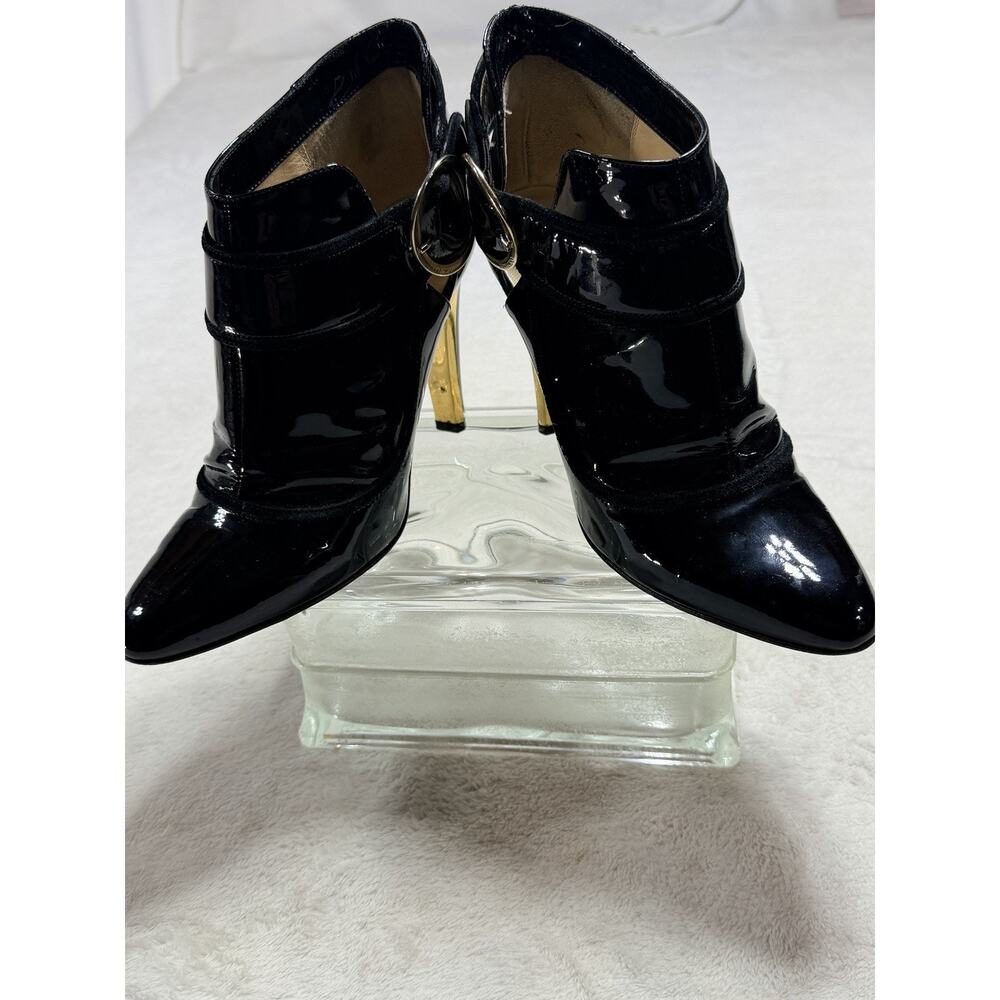Jimmy Choo Ankle Boots 37 Black Patent Leather Cutout Gold Buckle Stiletto Italy - Picture 13 of 13